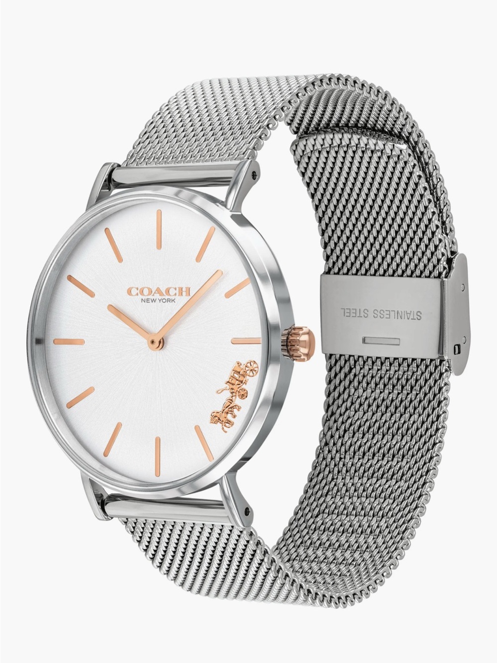Coach Women's Silver Mesh Watch with Rose Gold Accents